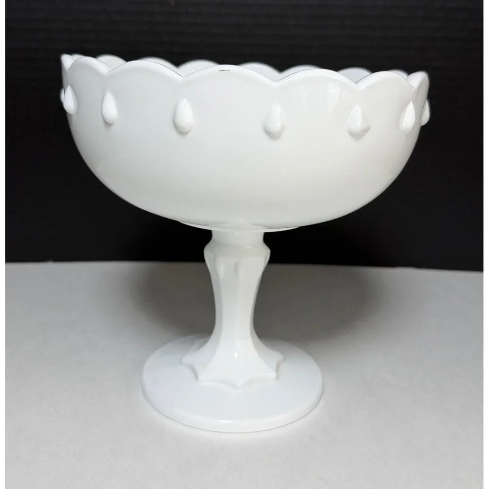 VTG Indiana White Milk Glass Scalloped Teardrop Pedestal Compote Candy Dish